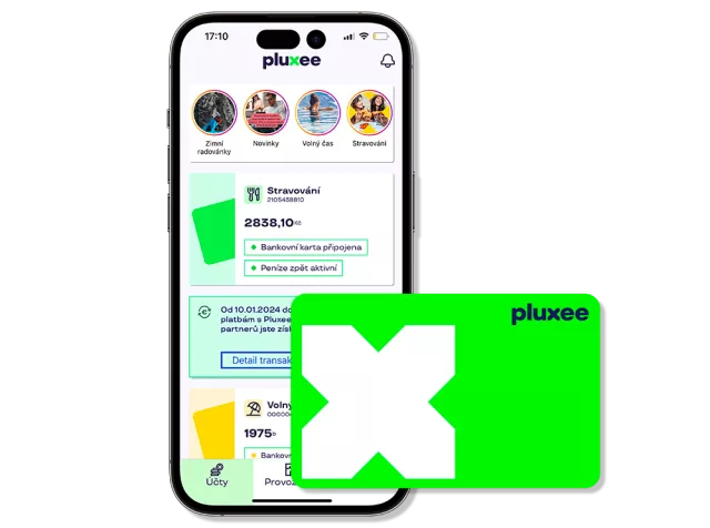 mobilní telefon s aplikací Pluxee a karta Pluxee