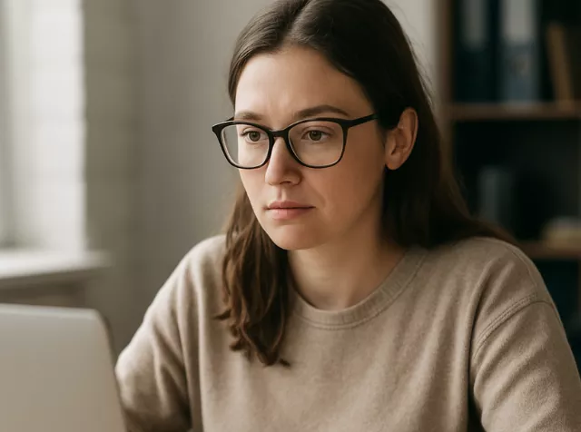 mladá žena v brýlích u počítače